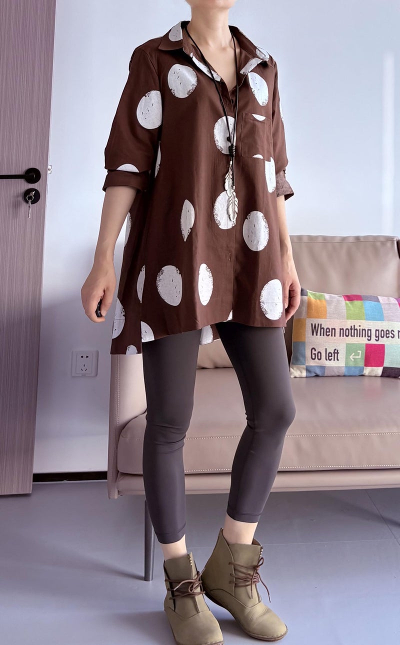 Minibee Women's Button Down Tunic Tops Polka Blouse Cotton Shirt (XL, Style1 Coffee) - Image 5